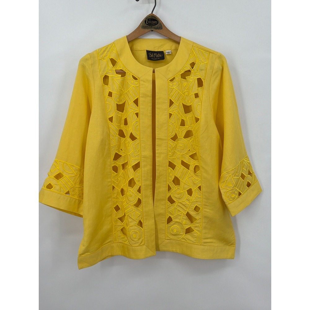 Bob Mackie Wearable Art Yellow Linen Blend Cutout Embroidered Jacket Small